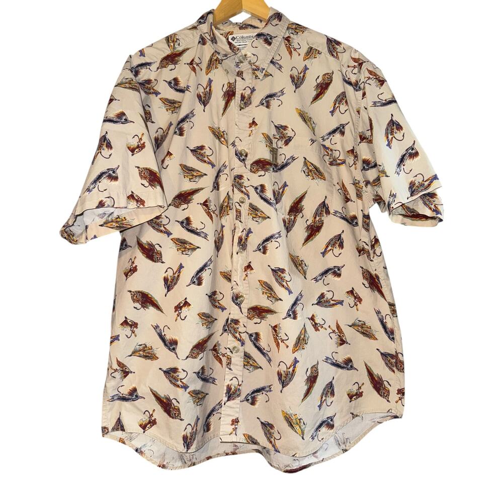 Vintage Columbia Fishing Lures Button Up Shirt Men's XL Outdoor‎ Hiking Camping